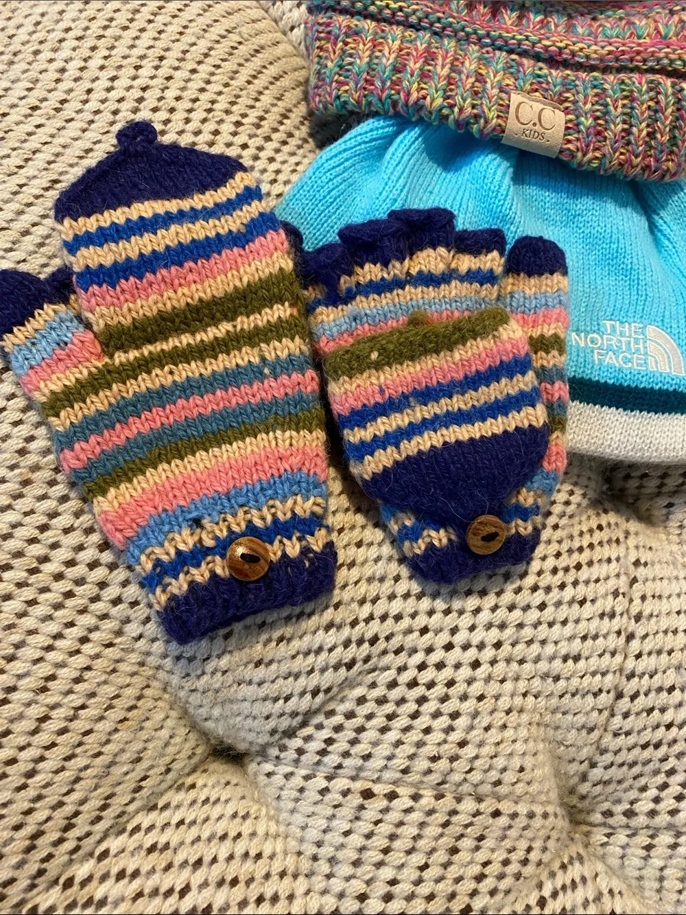 CC Boutique Multicolor Knit Beanie with Matching Striped Mittens